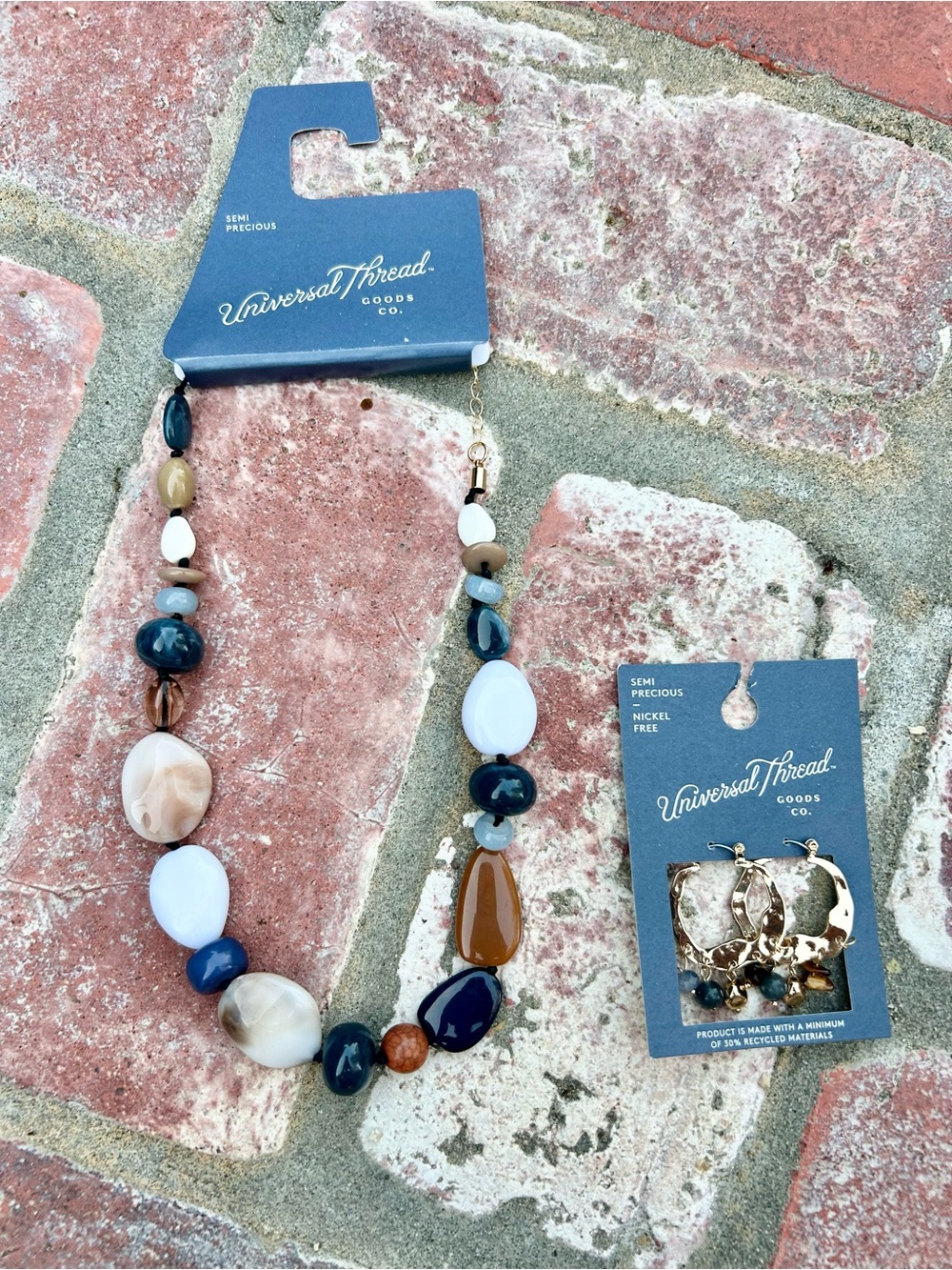 NWT Multicolor Semi-Precious Stone Chunky Bead Necklace & Gold Tone Earring BoHo